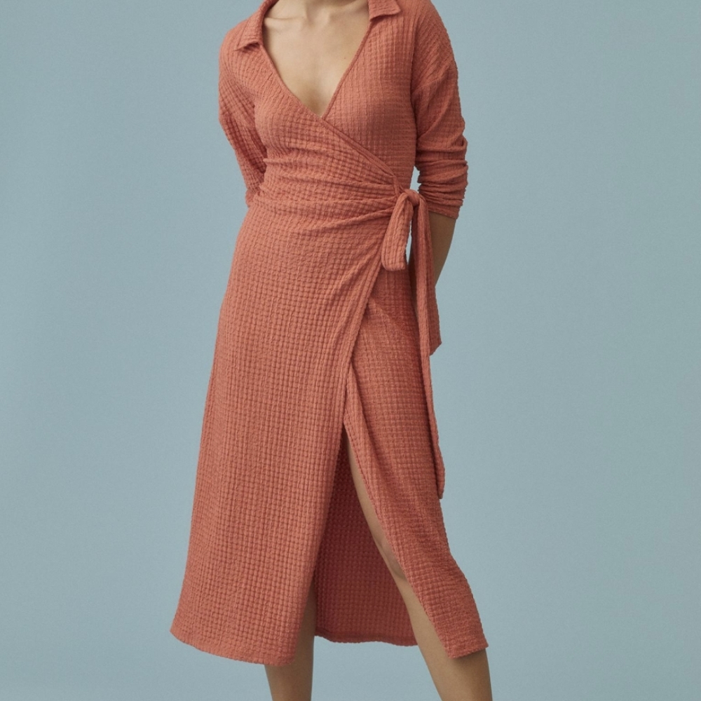 Anthropologie, Waffle Wrap Dress, Medium, Orange
